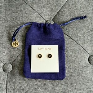 Tory Burch Black and Gold Logo Stud Earrings